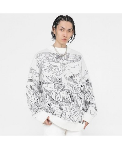 Vintage Knitted Sweater Harajuku Ukiyo-e Style Skull Graffiti Pullover 2023 Autumn Streetwear Sweater Men Women Cotton Knitwe...