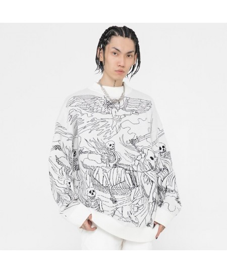 Vintage Knitted Sweater Harajuku Ukiyo-e Style Skull Graffiti Pullover 2023 Autumn Streetwear Sweater Men Women Cotton Knitwe...