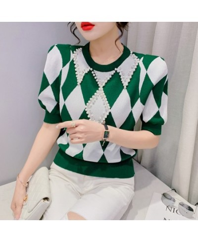 Short-sleeved Argyle Knitted T-shirts Women's Thin Sweater 2022 Spring Summer O-Neck Colorblock Plaid Beading Slim Tee Crop T...