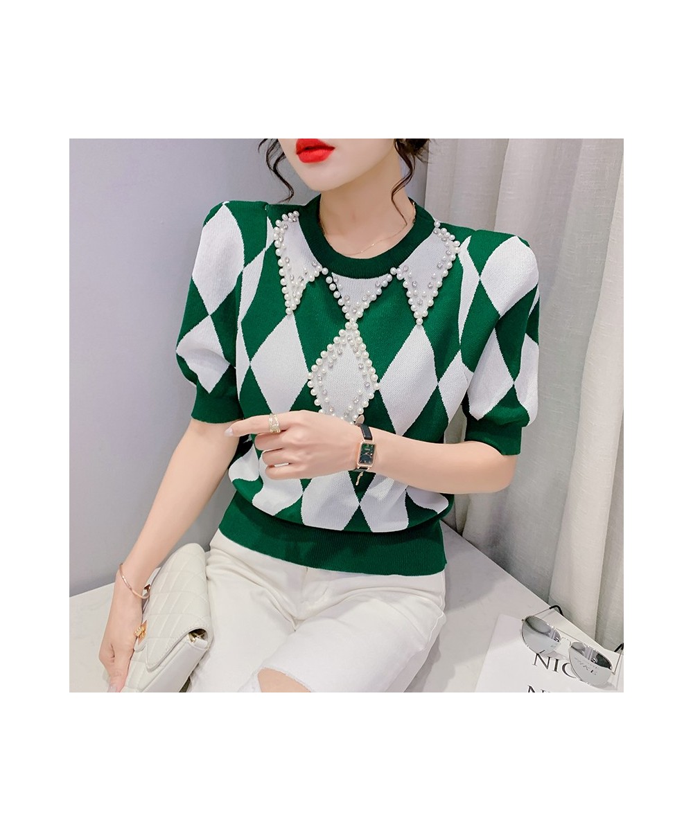 Short-sleeved Argyle Knitted T-shirts Women's Thin Sweater 2022 Spring Summer O-Neck Colorblock Plaid Beading Slim Tee Crop T...