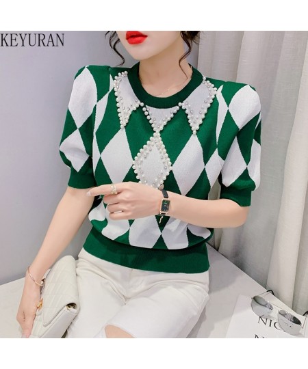 Short-sleeved Argyle Knitted T-shirts Women's Thin Sweater 2022 Spring Summer O-Neck Colorblock Plaid Beading Slim Tee Crop T...