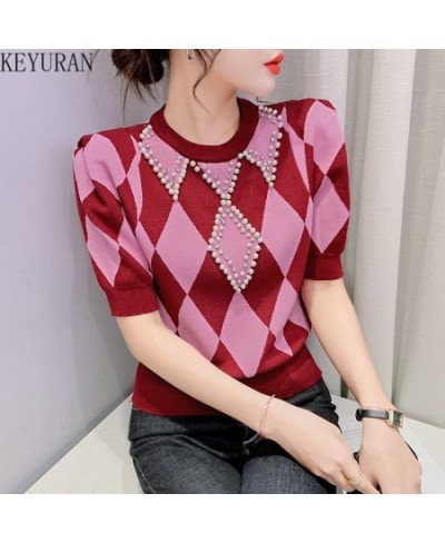 Short-sleeved Argyle Knitted T-shirts Women's Thin Sweater 2022 Spring Summer O-Neck Colorblock Plaid Beading Slim Tee Crop T...