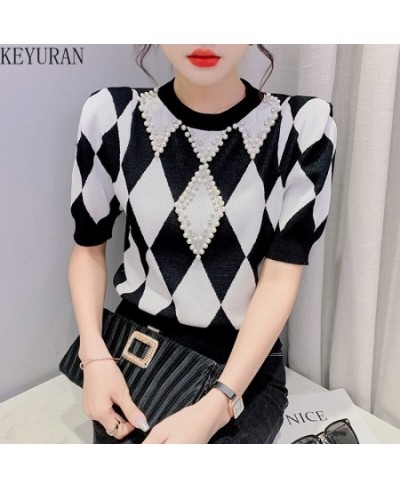 Short-sleeved Argyle Knitted T-shirts Women's Thin Sweater 2022 Spring Summer O-Neck Colorblock Plaid Beading Slim Tee Crop T...