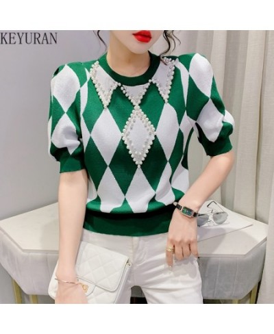 Short-sleeved Argyle Knitted T-shirts Women's Thin Sweater 2022 Spring Summer O-Neck Colorblock Plaid Beading Slim Tee Crop T...