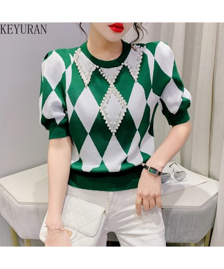 Short-sleeved Argyle Knitted T-shirts Women's Thin Sweater 2022 Spring Summer O-Neck Colorblock Plaid Beading Slim Tee Crop T...