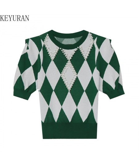 Short-sleeved Argyle Knitted T-shirts Women's Thin Sweater 2022 Spring Summer O-Neck Colorblock Plaid Beading Slim Tee Crop T...