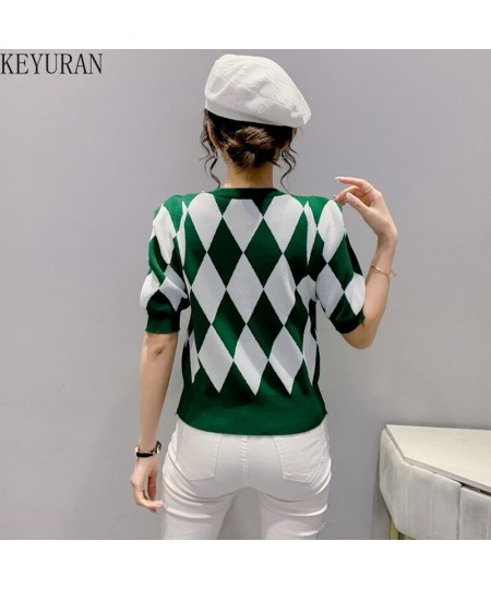 Short-sleeved Argyle Knitted T-shirts Women's Thin Sweater 2022 Spring Summer O-Neck Colorblock Plaid Beading Slim Tee Crop T...