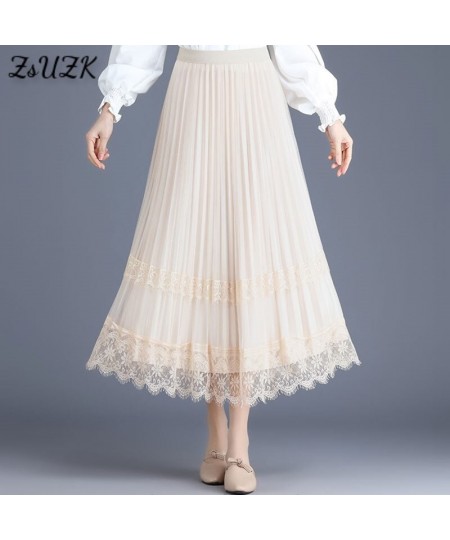 Both Sides Pleated Skirt Spring Summer Elasticity Waist Women Skirt Long Temperament Mesh Skirt Lady Office Skirt $46.24 - Sk...