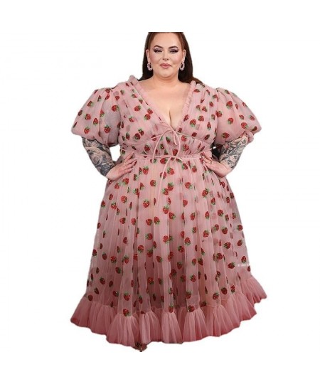 Plus Size Large Women's Dress New Pink Strawberry Mesh Dress V-neck High Waist Bubble Sleeve Ruffle Princess Female Clothing ...