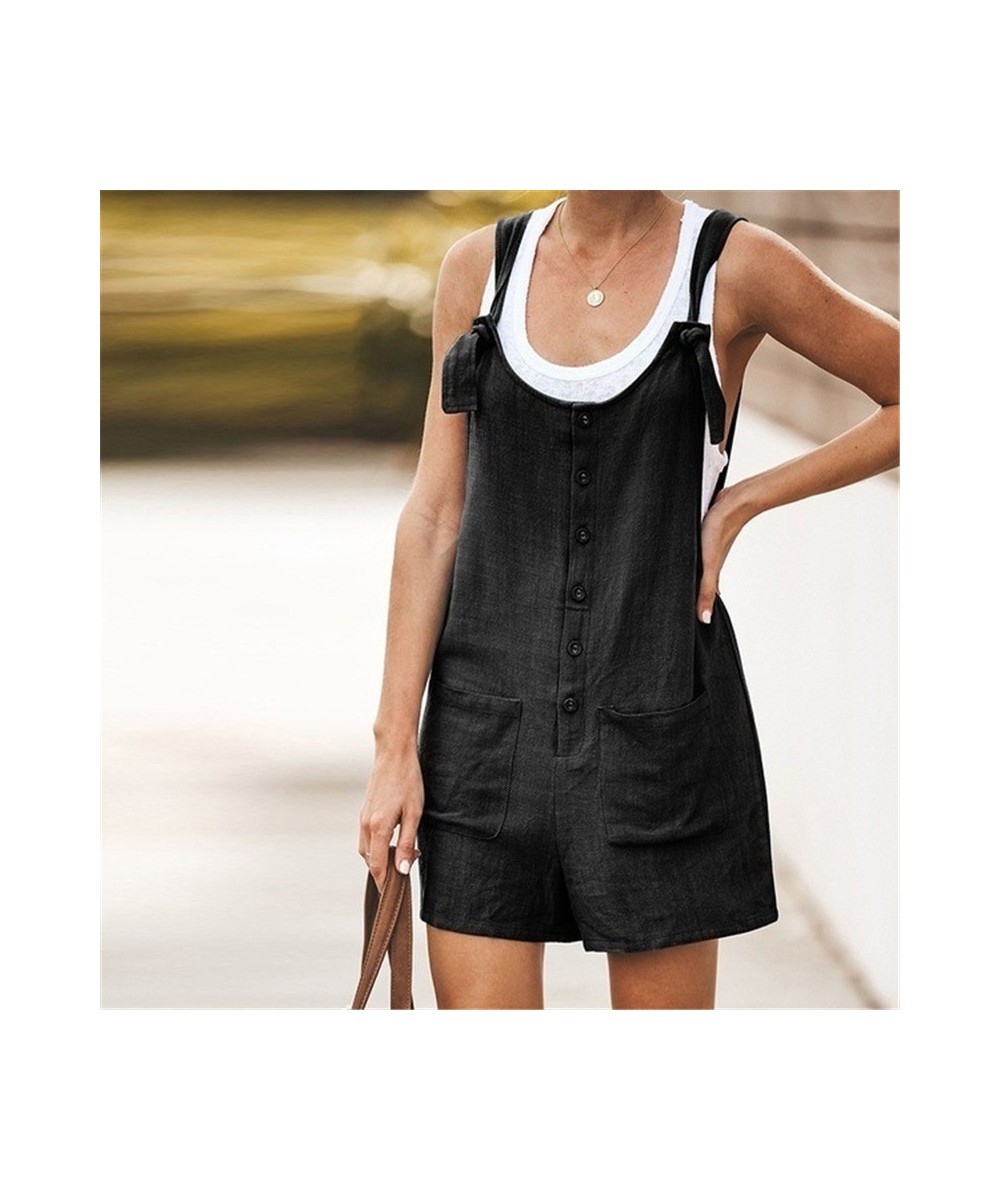 Popular Basic Women's Short Jumpsuit Fashion Casual Solid Color Pasted Pocket Short Jumpsuit Lace up Cotton and Hemp Belt Pan...