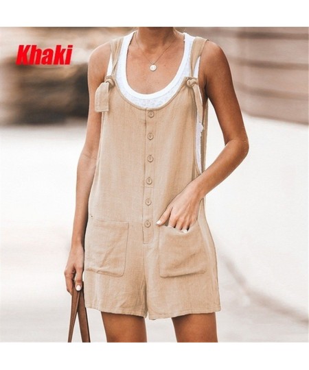 Popular Basic Women's Short Jumpsuit Fashion Casual Solid Color Pasted Pocket Short Jumpsuit Lace up Cotton and Hemp Belt Pan...