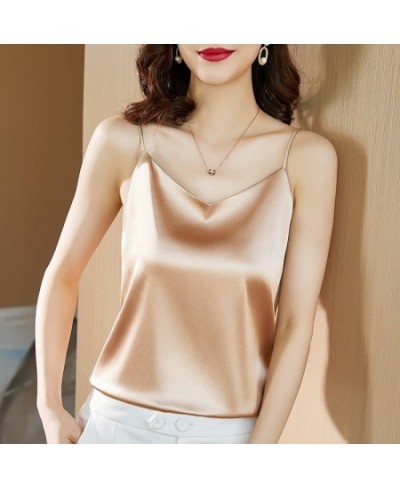 Smmer Korean Fashion Silk Tank Top Women Satin Office Lady Sleeveless Halter Cami Top Loose Green Tops for Women $24.70 - Top...