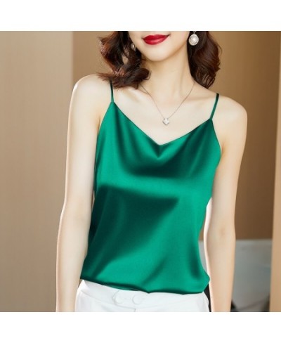 Smmer Korean Fashion Silk Tank Top Women Satin Office Lady Sleeveless Halter Cami Top Loose Green Tops for Women $24.70 - Top...