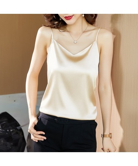 Smmer Korean Fashion Silk Tank Top Women Satin Office Lady Sleeveless Halter Cami Top Loose Green Tops for Women $24.70 - Top...