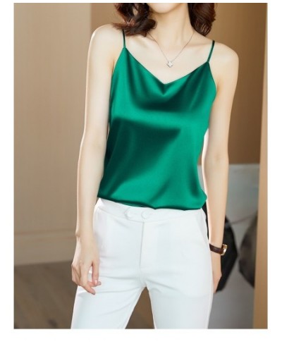 Smmer Korean Fashion Silk Tank Top Women Satin Office Lady Sleeveless Halter Cami Top Loose Green Tops for Women $24.70 - Top...