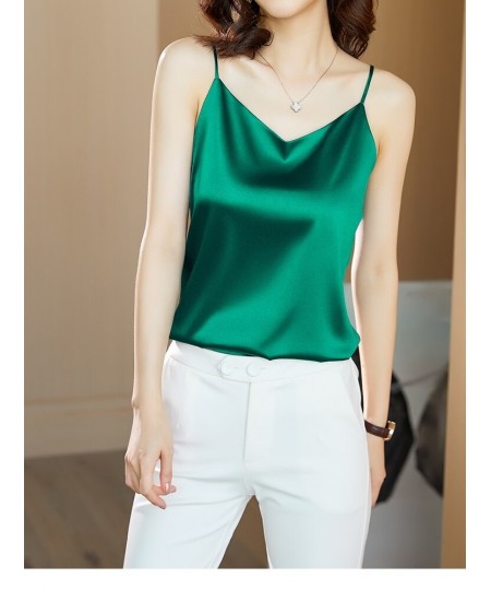 Smmer Korean Fashion Silk Tank Top Women Satin Office Lady Sleeveless Halter Cami Top Loose Green Tops for Women $24.70 - Top...