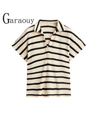 2022 New Summer T-shirts Women Tees Striped Vintage Office Lady Top V-neck Summer Classic Cropped Soft Polo Shirt Mujer $75.8...