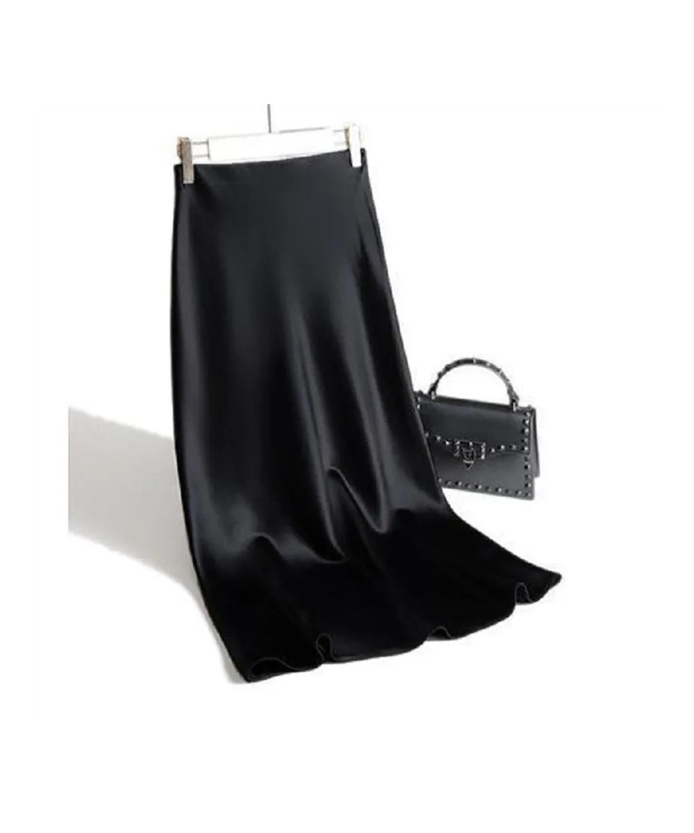 Korean Smooth Satin Elegant A-line Skirts Women Vintage Fashion Faldas Aesthetic Casual Basic Midi High Waist Skirt Bottom Ju...