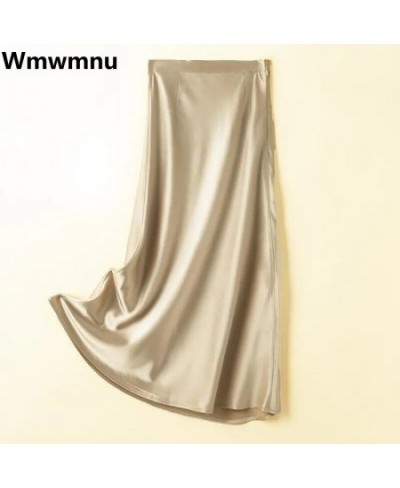 Korean Smooth Satin Elegant A-line Skirts Women Vintage Fashion Faldas Aesthetic Casual Basic Midi High Waist Skirt Bottom Ju...