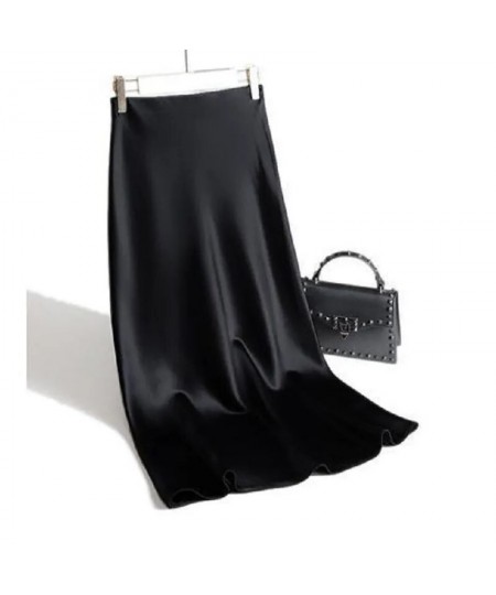 Korean Smooth Satin Elegant A-line Skirts Women Vintage Fashion Faldas Aesthetic Casual Basic Midi High Waist Skirt Bottom Ju...