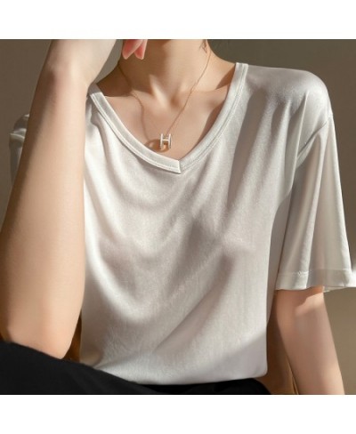 Summer O-neck Short Sleeve T-Shirt Tops Women Loose Satin Acetate T Shirt Casual Bottoming Plus Size Solid Color Tees Clothin...