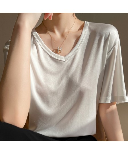 Summer O-neck Short Sleeve T-Shirt Tops Women Loose Satin Acetate T Shirt Casual Bottoming Plus Size Solid Color Tees Clothin...