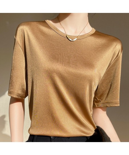 Summer O-neck Short Sleeve T-Shirt Tops Women Loose Satin Acetate T Shirt Casual Bottoming Plus Size Solid Color Tees Clothin...