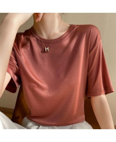 Summer O-neck Short Sleeve T-Shirt Tops Women Loose Satin Acetate T Shirt Casual Bottoming Plus Size Solid Color Tees Clothin...