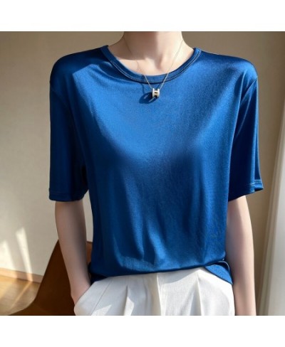 Summer O-neck Short Sleeve T-Shirt Tops Women Loose Satin Acetate T Shirt Casual Bottoming Plus Size Solid Color Tees Clothin...