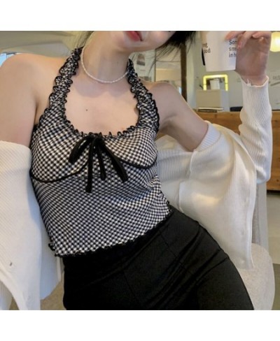 Sweet Lace Plaid Halter Top Tank Ribbon Camisole Women Crop Tops Clothing Streetwear Summer 2022 New $20.27 - Underwear