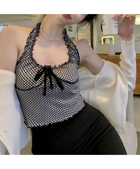 Sweet Lace Plaid Halter Top Tank Ribbon Camisole Women Crop Tops Clothing Streetwear Summer 2022 New $20.27 - Underwear