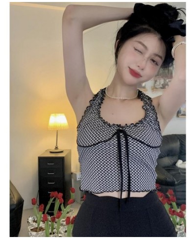 Sweet Lace Plaid Halter Top Tank Ribbon Camisole Women Crop Tops Clothing Streetwear Summer 2022 New $20.27 - Underwear