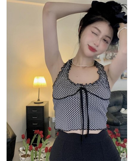 Sweet Lace Plaid Halter Top Tank Ribbon Camisole Women Crop Tops Clothing Streetwear Summer 2022 New $20.27 - Underwear