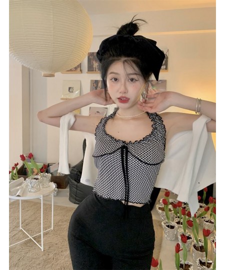 Sweet Lace Plaid Halter Top Tank Ribbon Camisole Women Crop Tops Clothing Streetwear Summer 2022 New $20.27 - Underwear