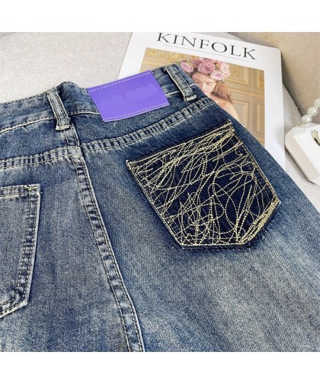 Spring Korean Sense of Design Contrast Embroidered High Waist Straight Loose Slimming and Wide Leg Mop Denim Trousers Women $...