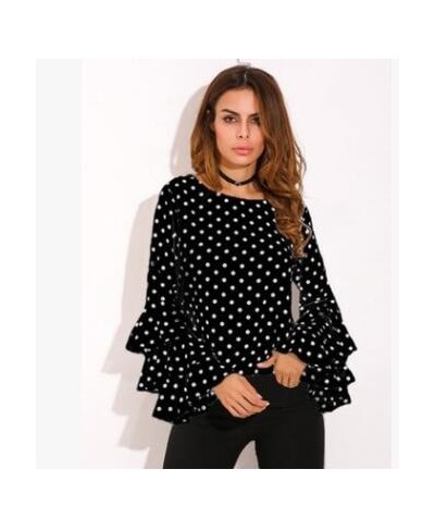 Women's Blouse Summer Polka Dot Print Flare Sleeve Chiffon Blouse Shirt Tops Women O Neck Long Sleeve Blouse Tops Plus Size 5...