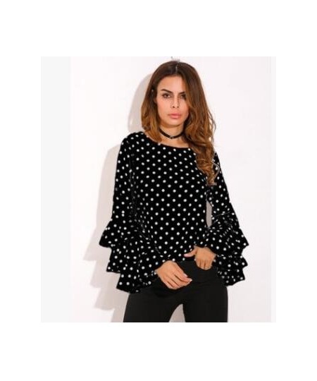 Women's Blouse Summer Polka Dot Print Flare Sleeve Chiffon Blouse Shirt Tops Women O Neck Long Sleeve Blouse Tops Plus Size 5...