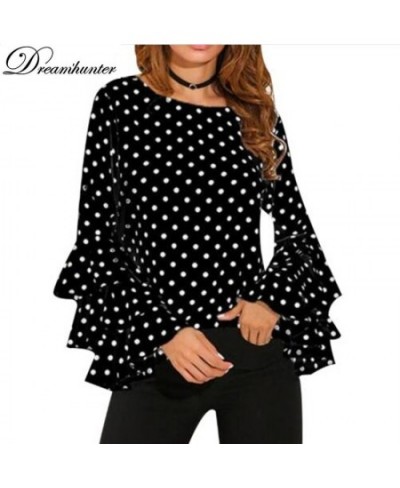 Women's Blouse Summer Polka Dot Print Flare Sleeve Chiffon Blouse Shirt Tops Women O Neck Long Sleeve Blouse Tops Plus Size 5...