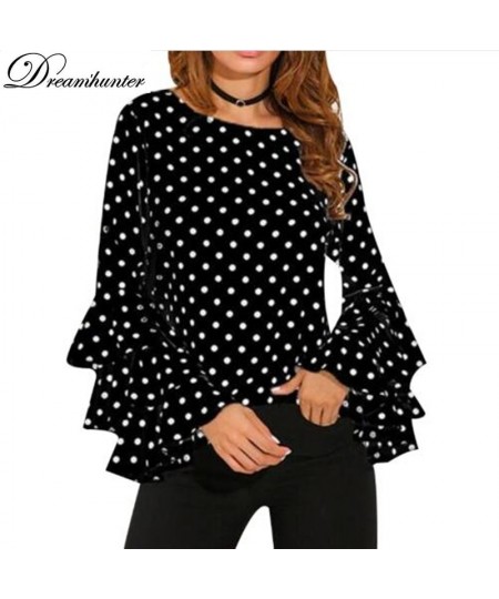 Women's Blouse Summer Polka Dot Print Flare Sleeve Chiffon Blouse Shirt Tops Women O Neck Long Sleeve Blouse Tops Plus Size 5...