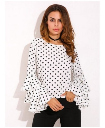 Women's Blouse Summer Polka Dot Print Flare Sleeve Chiffon Blouse Shirt Tops Women O Neck Long Sleeve Blouse Tops Plus Size 5...