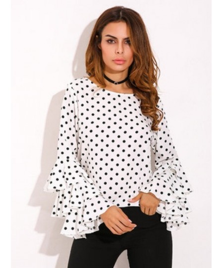 Women's Blouse Summer Polka Dot Print Flare Sleeve Chiffon Blouse Shirt Tops Women O Neck Long Sleeve Blouse Tops Plus Size 5...