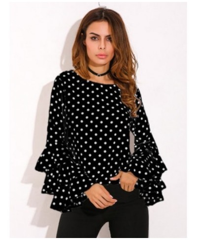 Women's Blouse Summer Polka Dot Print Flare Sleeve Chiffon Blouse Shirt Tops Women O Neck Long Sleeve Blouse Tops Plus Size 5...