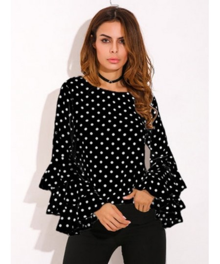 Women's Blouse Summer Polka Dot Print Flare Sleeve Chiffon Blouse Shirt Tops Women O Neck Long Sleeve Blouse Tops Plus Size 5...