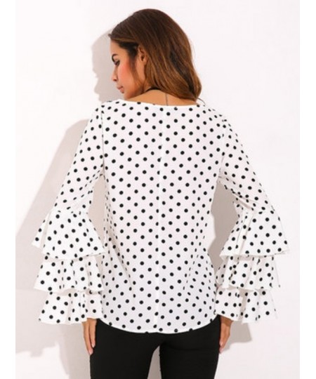 Women's Blouse Summer Polka Dot Print Flare Sleeve Chiffon Blouse Shirt Tops Women O Neck Long Sleeve Blouse Tops Plus Size 5...