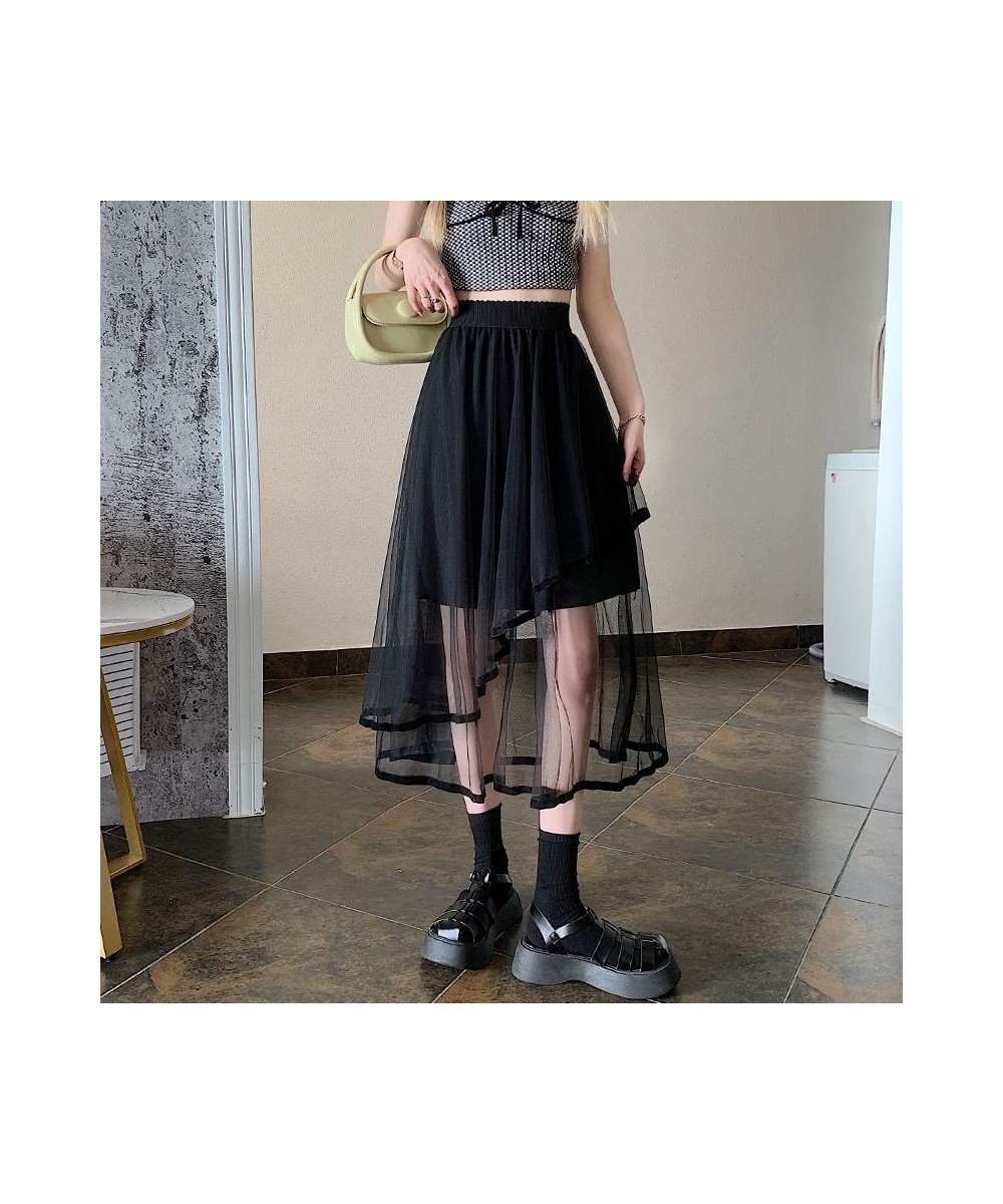 Mori Girl Versatile Innocent Kawaii Girl Solid Color Thin Elastic Irregular A-Line Mesh Cool Skirt $29.76 - Skirts