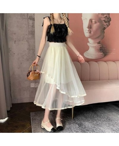 Mori Girl Versatile Innocent Kawaii Girl Solid Color Thin Elastic Irregular A-Line Mesh Cool Skirt $29.76 - Skirts