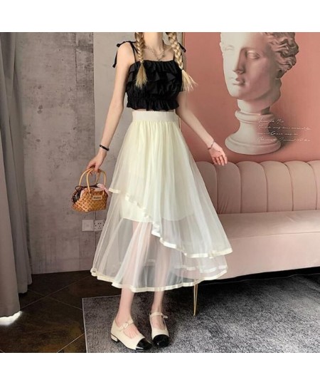 Mori Girl Versatile Innocent Kawaii Girl Solid Color Thin Elastic Irregular A-Line Mesh Cool Skirt $29.76 - Skirts