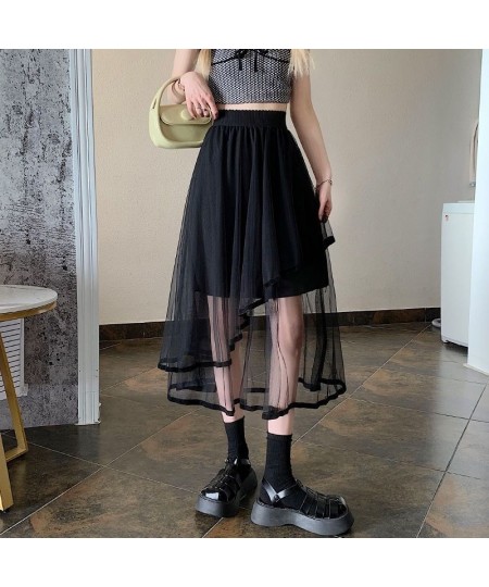 Mori Girl Versatile Innocent Kawaii Girl Solid Color Thin Elastic Irregular A-Line Mesh Cool Skirt $29.76 - Skirts