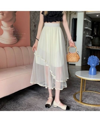 Mori Girl Versatile Innocent Kawaii Girl Solid Color Thin Elastic Irregular A-Line Mesh Cool Skirt $29.76 - Skirts