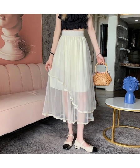 Mori Girl Versatile Innocent Kawaii Girl Solid Color Thin Elastic Irregular A-Line Mesh Cool Skirt $29.76 - Skirts